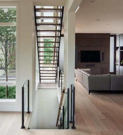 Front-view of Westboro Home stairs and living area