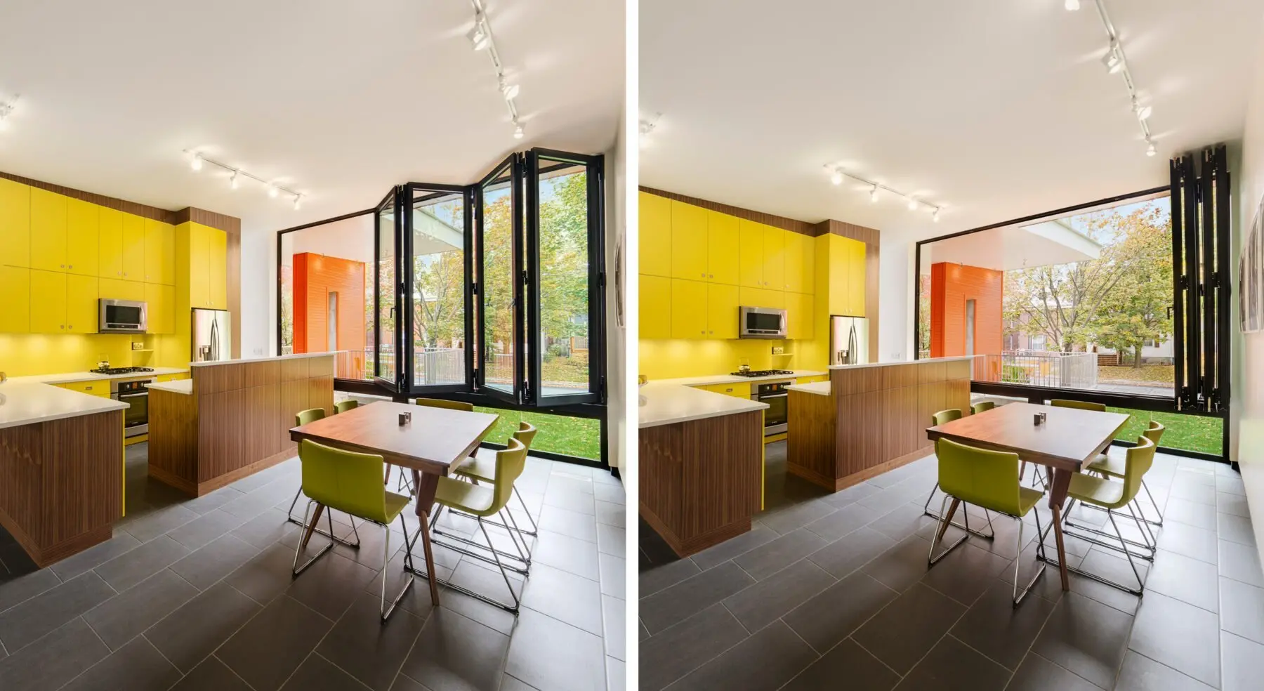 Split view of Stacey-Turley sliding windows in kitchen and dining room