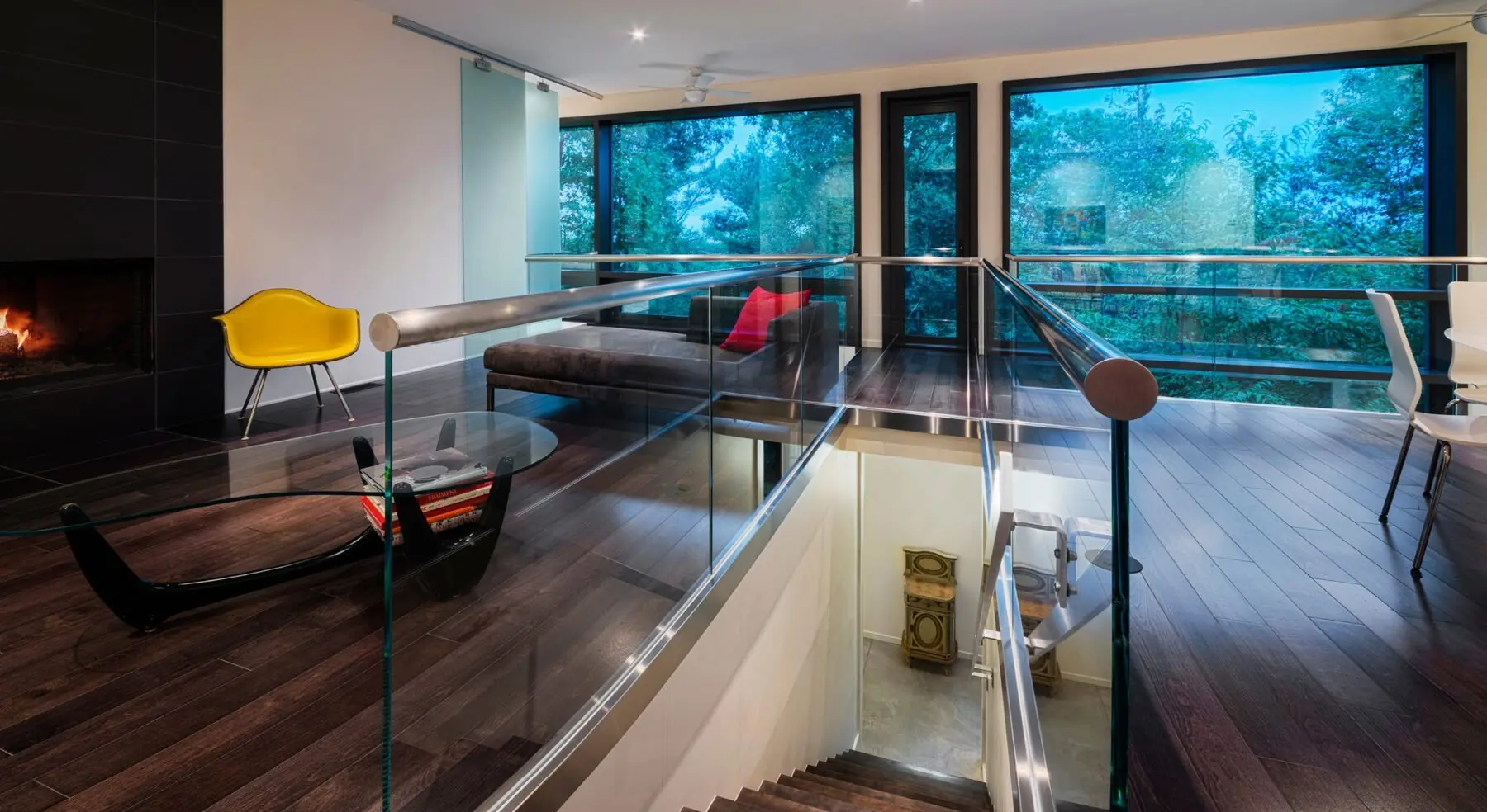 View of Chelsea Hill House living area and stairs to lower level