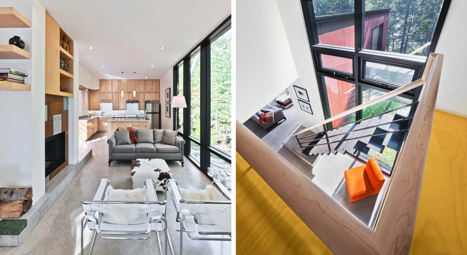 Split view of Hill-Maheux Cottage living area, kitchen and staircase details