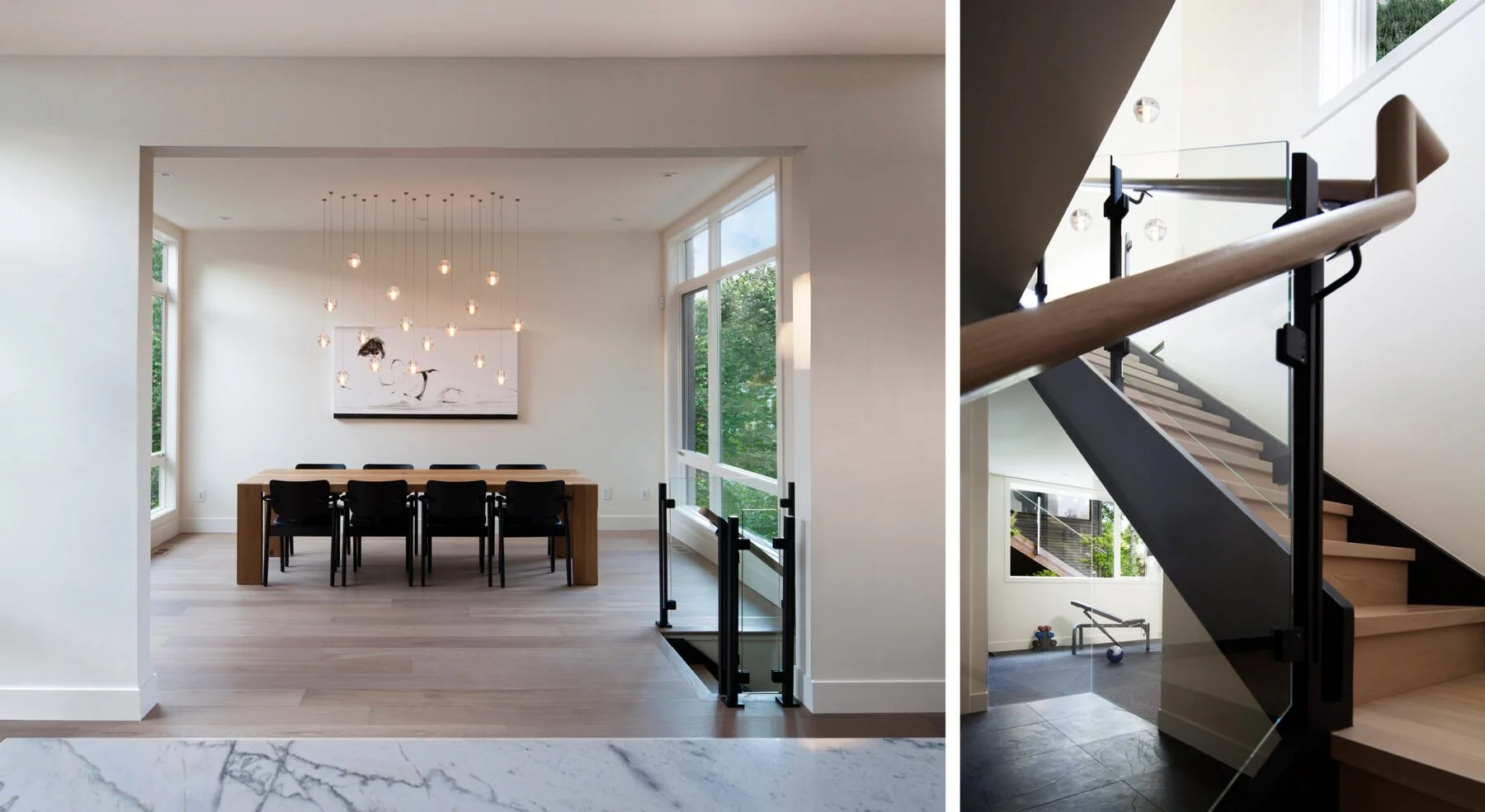 Split view of Westboro Home dining area and stair railing detail
