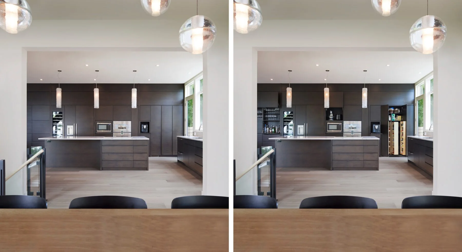 Split view of Westboro Home kitchen cabinets open and closed