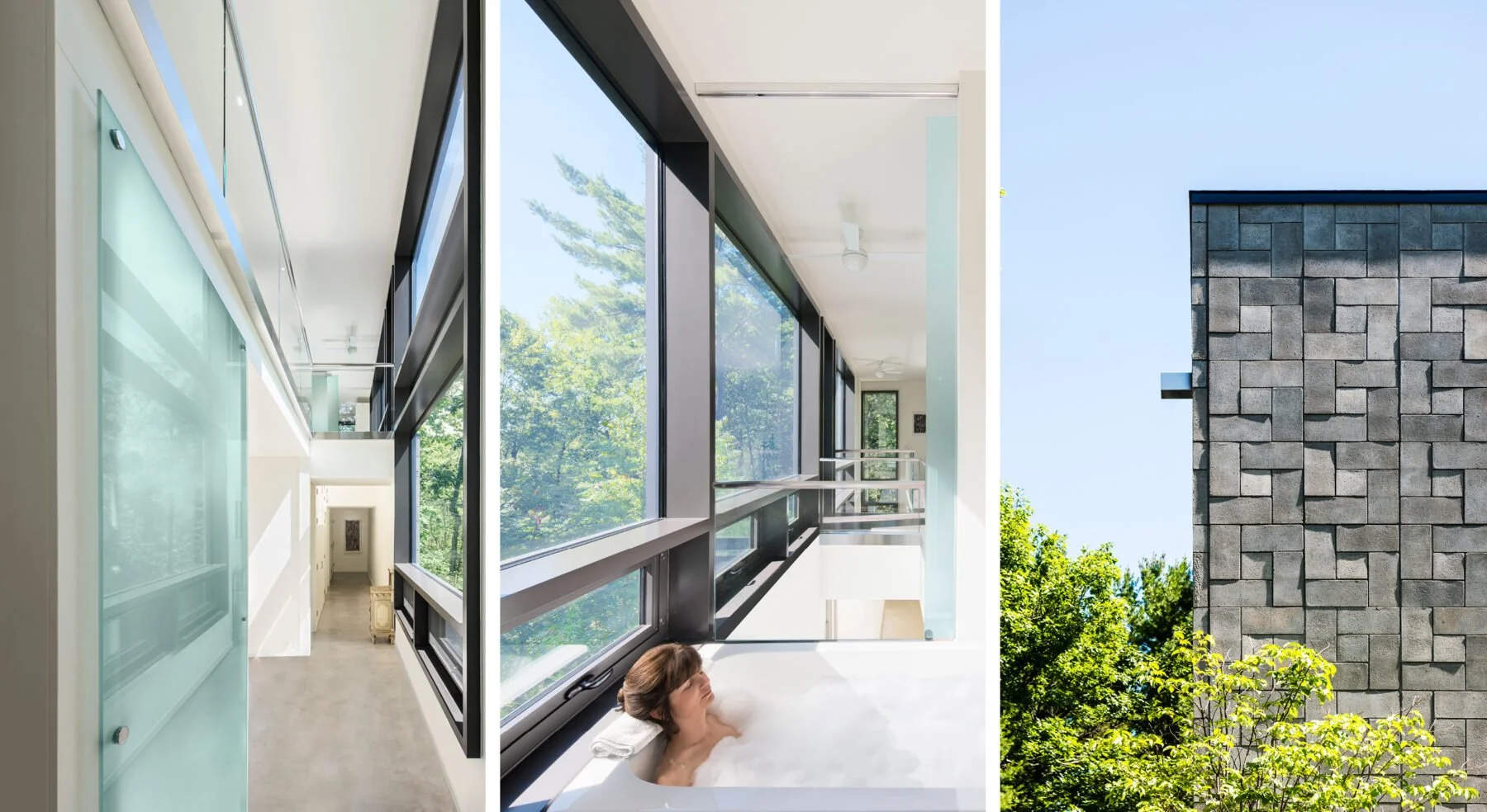 Split view of Chelsea Hill House indoor and exterior details and master bathroom