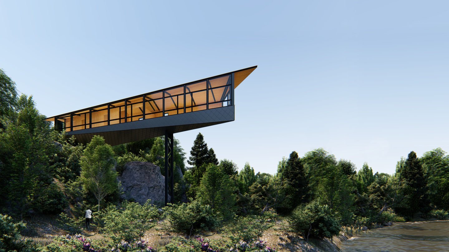 cross laminated timber cottage rendering exterior view from 20 meters above a lake