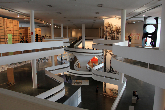 Indoor ramps at Biennale Pavillion by Oscar Niemeyer in Ibirapuera Park, Sao Paulo, Brazil.